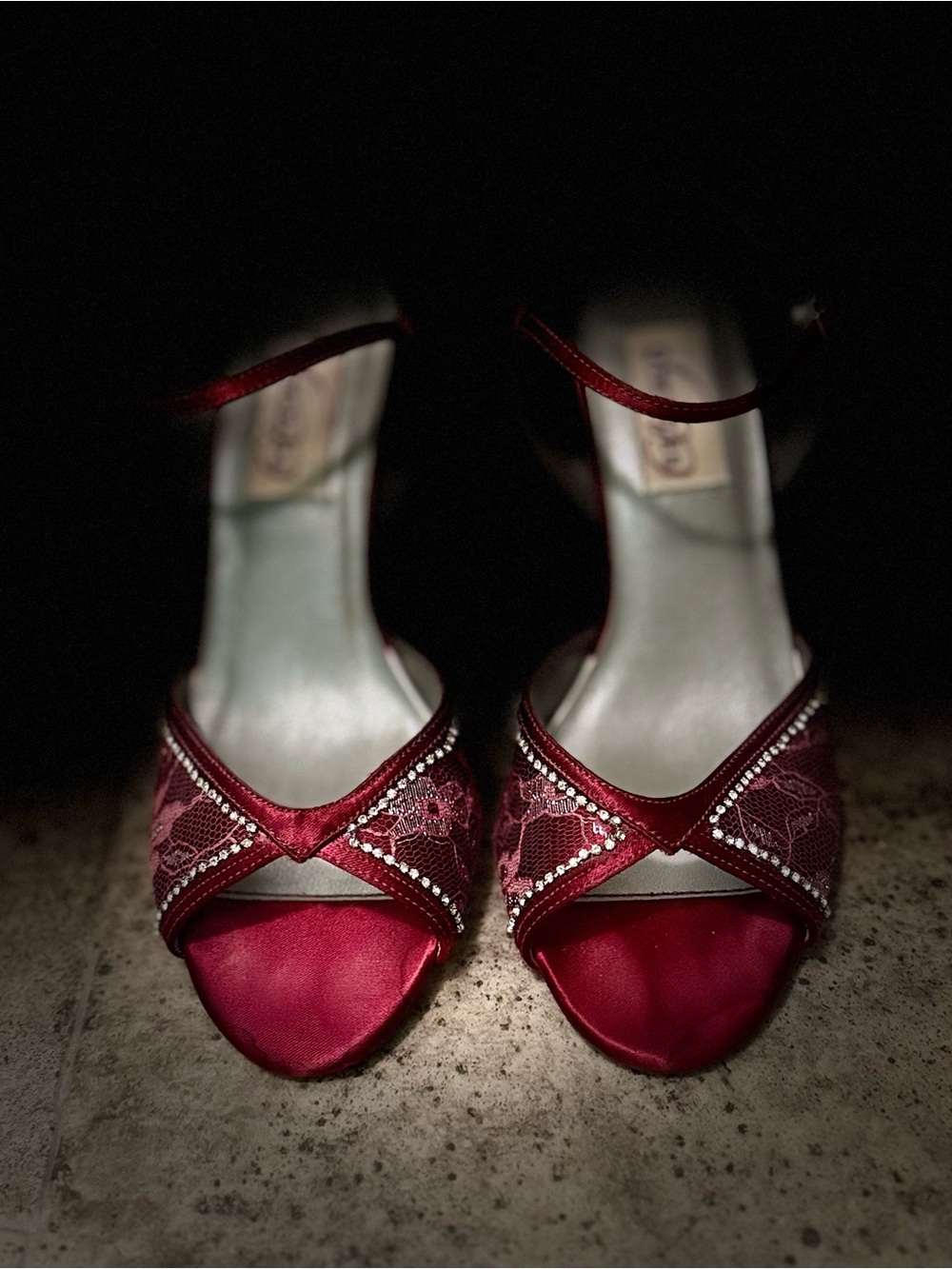 Red Satin Open-Toe Women's Heels with Lace & Rhinestones y2k